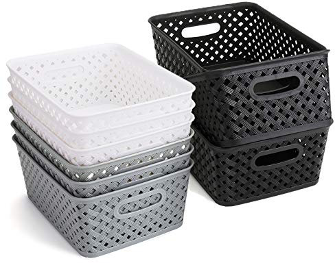 Bekith 9 Stück Aufbewahrungskiste Kunststoffkörbe Plastik Haushaltskorb Körbchen Geflochten Aufbewahrungskorb für Bad Küche Kinderzimmer 25 x 19,5 x 10 cm (Schwarz/ Grau/ Weiß)