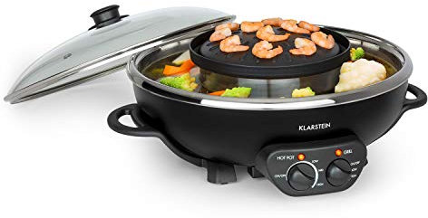 KLARSTEIN Szechuan - Hot pot Chinois, Hot pot fusing, Grill de 22 cm de diamètre, Revêtement anti adhésif, 600 watts, Nettoyage rapide - Noir