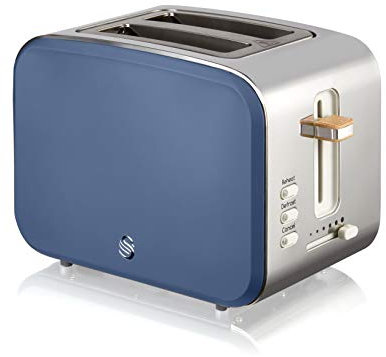 Swan Nordic Grille-pain à fente large 2 tranches 3 fonctions 6 niveaux de grillage Design moderne acier inoxydable et poignée effet bois Bleu mat