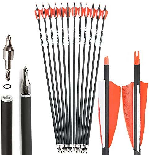 SHARROW 32 Zoll Carbon Pfeile für Bogenschießen Spine 500 Kohlenstoffpfeil Jagd Bogen Pfeile Jagdpfeile mit 4 Zoll Natürliche Federn für Pfeil Und Bogen Recurvebogen Compoundbogen