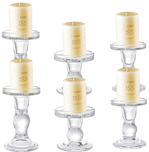 Okllen Set mit 6 Glaskerzenhaltern, klarer Kerzenständer, Kristall-Teelichthalter, Ständer für Esstisch, Hochzeit, Tafelaufsätze, Wohnzimmer, Heimdekoration
