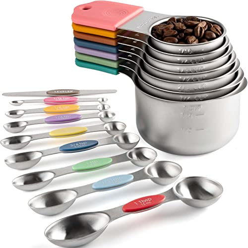 Juego de tazas y cucharas medidoras magnéticas que incluye 7 tazas medidoras de acero inoxidable resistentes, 8 cucharas medidoras de doble cara con 1 nivelador para ingredientes secos y líquidos