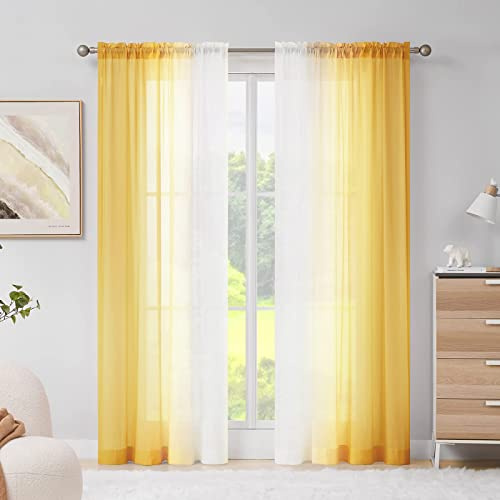 Melodieux Gardinen mit Kräuselband Transparent 2er Set, 175x140cm | Ombre Gelb Lichtfilterung Voile Vorhänge für Schienensystem, Atmungsaktiv Leicht Gardinen Modern für Schlafzimmer, Wohnzimmer
