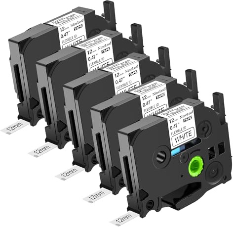 NineLeaf 5 x Kompatibel für Brother P-touch TZe-FX231 TZeFX231 TZ-FX231 Schriftband 12mm 0.47'' Schwarz auf weiß Flexibles Kabeletikett Etikettenband für Ptouch PT-E300 E300VP E500 Beschriftungsgerät