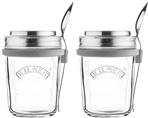 Kilner Breakfast Jar Set of 2, 0.35L Capacity, Measuring Lid for Overnight Oats, Yoghurt, Cereal and Porridge, Set Includes Jar, Lid and Viners Spoon