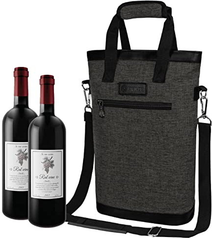 opux Two Bottle Wine Bag Carrier Tote, Insulated Leakproof 2 Bottle Wine Cooler Bag for Travel BYOB Picnic, Portable Wine Case, Gift for Men Women Wine Lover Birthday Party Christmas, Charcoal Gray