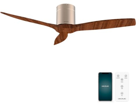 Cecotec - Ventilatori da Soffitto EnergySilence Aero 5500 Aqua GoldDarkWood Connected - 40 W, Diametro 132 cm, Wi-Fi, Protezione IP44, Timer 8 Ore, 3 Pale, 6 Velocità, Estate/Inverno