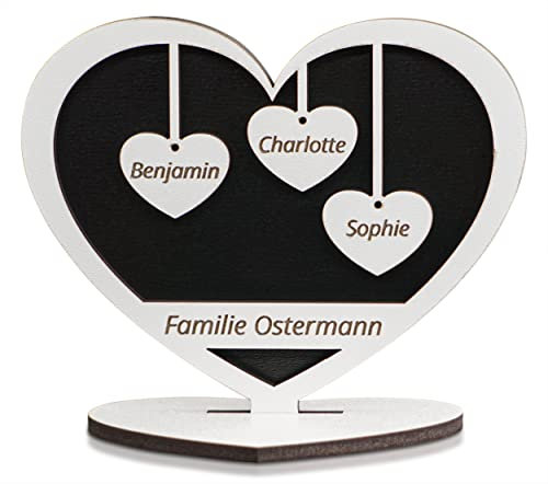 Munera Design – Herz mit Ständer und Gravur, individuelles Geschenk – Wunschtext 3 Namen - Größe 15x12x9cm