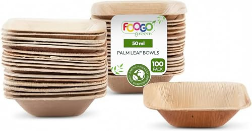 FOOGO Green 100pcs Disposable Mini Palm Leaf Bowls, 3 (7.5cm) Square | 50ml (1.7oz), For Sauce, Snacks, Ketchup & Mayo Pots, EcoFriendly, Biodegradable, Like Bamboo, Wooden And Paper Bowls