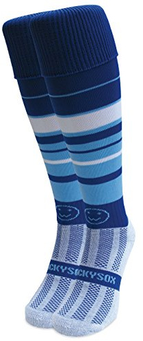 WackySox Calzini da rugby, da hockey, calzini sportivi per uomini e donne, adatti per equitazione, sport, calcio, hockey, calzini da corsa, Blu reale, azzurro, bianco, L