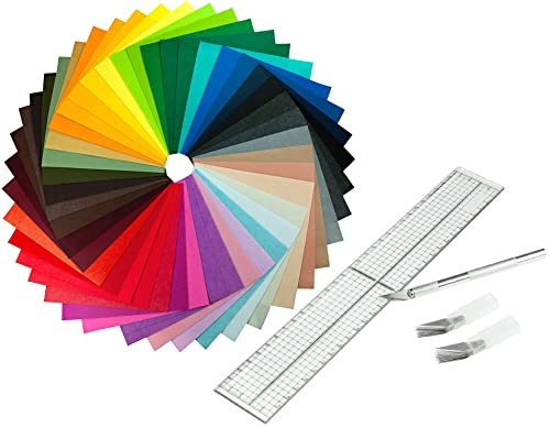 Faden & Nadel Bastelset: 40 x Filzstoff, Bastelfilz in verschiedenen Farben, Filz: 15 x 15 cm mit Schneidelineal und Bastelmesser (mit 20 Ersatzklingen)