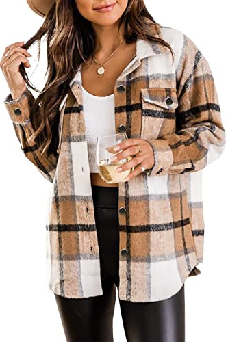 Timuspo dam flanell rutig skjortjacka långa ärmar bomull revers button-down-blus shacket kappa, kaki, S