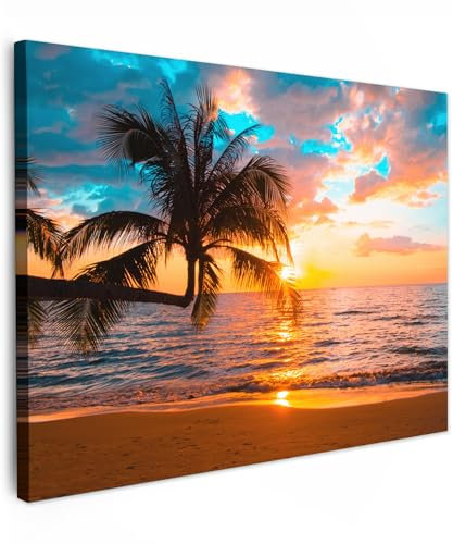 MuchoWow© Impressions sur Toile 80x60 cm Deco Tableau Murale Decoration Salon Peinture Tableaux Chambre Toiles Maison Palmier - Coucher de soleil - Horizon - Plage - Mer - Tropical