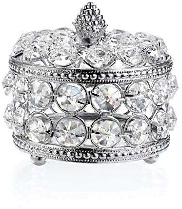 SUMTree Caja de joyas redonda de cristal, tapa de metal y cristal, caja de joyas, caja decorativa para salón, dormitorio, baño, plata, regalo para mujer o novia
