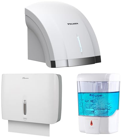 POLASEN Bathroom Hygiene Bundle – Automatic Hand Dryer, Paper Towel Dispenser & Touchless Soap Dispenser – Wall Mounted Set for Home and Commercial Use – White ABS Construction