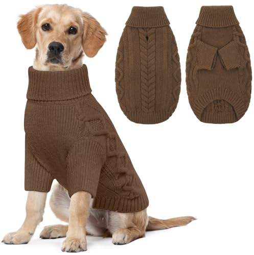 Lelepet Winter Hundepullover, Gestrickter Warmer Hundepulli mit Rollkragen, Weihnachtspullover für kaltes Wetter, Weiche Hundestrickwaren für Hunde, Hundemantel Sweater Haustier Bekleidung, Braun XL