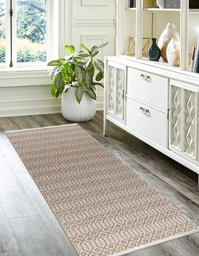 Rug Area Rugs 2x6 Ft Biege Cotton Diamond for Livingroom Bedroom Washable RagRug Non-Slip Farmhouse Carpet Indoor Area Runner Mat for Hallway, Entryway-24x72 Inches
