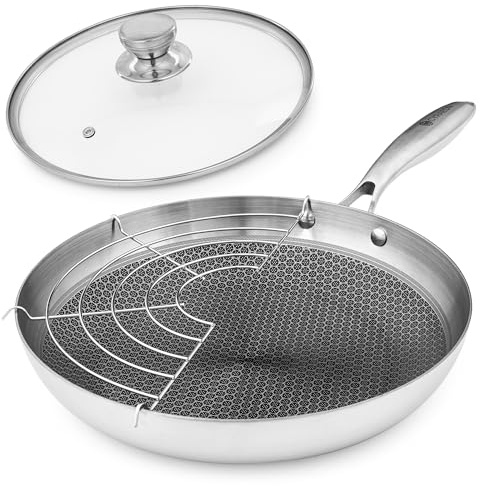 Cyraeon Poêle en acier inoxydable avec revêtement antiadhésif en nid d'abeille, couvercle et grille en verre, 26 cm.