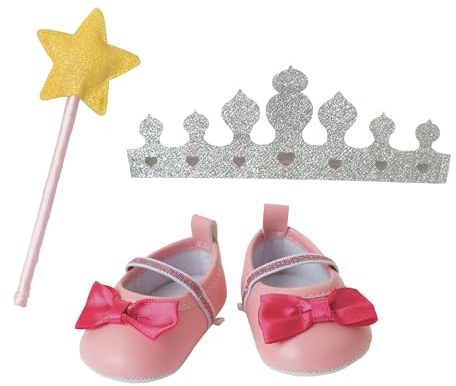 Heless 4301 - Puppenzubehör im Design Prinzessin Lillifee, 3-teiliges Accessoire Set mit Ballerinas, Glitzerkrone und Zauberstab für Puppen und Kuscheltiere der Größe 30 - 34 cm