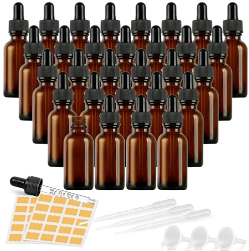 Xaztr 30 Pack 30 ml Amber Glass Dropper Bottles with Pipettes | Includes Glass Pipettes, Funnel and Labels, Empty Essential Oils Bottles for Perfume, Tinctures, Other Liquids