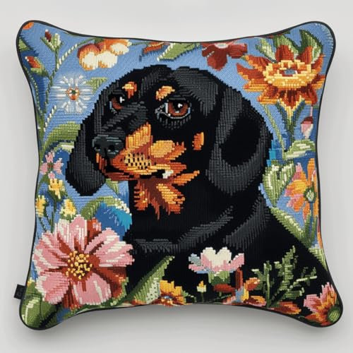RKFLGEW DIY knüpfen set erwachsene Dackel Tier knüpfkissen set Hund und Blumen DIY Knüpfkissen，Überwurfkissen，Matte，Stickerei-Bastelsets für Anfänger mit aufgedrucktem Muster，Heimdekoration 43x43cm