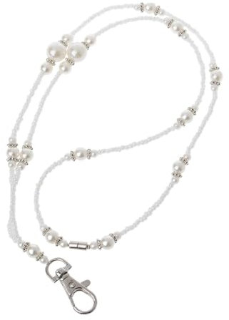 BTGHPI Schlüsselband-Halskette, weiße Perlen, Perlen, Schlüsselband, Halskette mit magnetischem Verschluss, Ausweishalter, modische Kette, Geschenk für Frauen und Mädchen, Antique Silver Plated,
