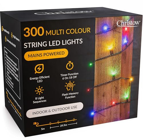 CHRISTOW Christmas Fairy Lights, Multi-Coloured LED String Lighting with Timer, Indoor & Outdoor, Tree Lights, Mains Operated, 8 Light Modes Flashing & Static, Green Cable (300 LED / 30m Lit Length)