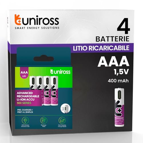 Batterie Mini Stilo AAA Ricaricabili con Cavo USB-C 4in1 1,5V 400mAh/703mWh +1000 Cicli di Ricarica Pile Litio HR3 Ministilo Uniross Tastiere Mouse Telecomandi Lunga Durata Alta Qualità - 4 Batterie