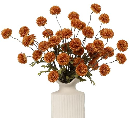 LEUCHTAMOR 6 Stück Künstliche Kiku Blume Orange kleine Chrysanthemen Blumen Mini Chrysantheme Ball Stiel für Blumenarrangements, Tischaufsätze, Blumenstrauß, Party, Hochzeit