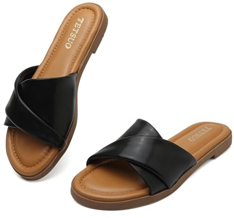 TETSUO Womens Dressy Flat Sandals Open Toe Slip On Leather Slide Sandals Comfort Strappy Slippers for Summer