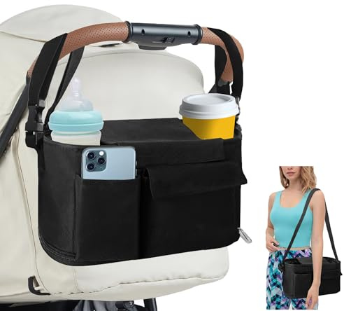 Rasfalo Universeller Kinderwagen-Organizer, erweiterbare Organizer und abnehmbarer Schultergurt, Kinderwagen-Organizer mit Getränkehalter, passend für Kinderwagen wie Uppababy, Baby-Jogger, Bob,
