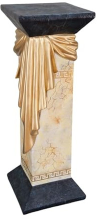CINAR Griechische Dekosäule mit Goldener Drapierung, Antik Beistelltisch, 80 cm Höhe, 30 cm Breite, Weiß (Marmor-Beige)