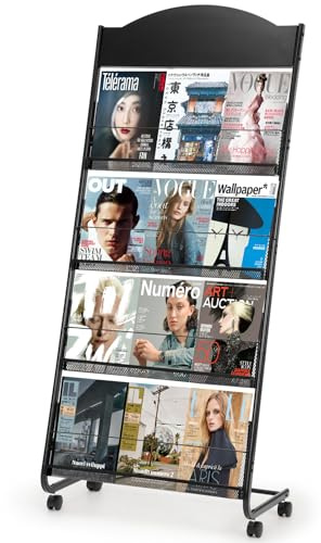 Vimunie Mobiler Prospektständer Zeitschriftenständer mit 4 Etagen, Metall-Prospekthalter für Magazine- Schwarz