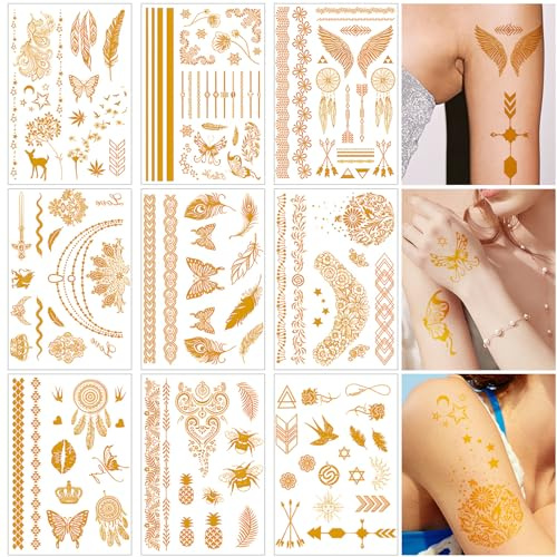 Zasiene Gold Temporäre Tattoos Erwachsene, 9 Blatt Flash Damen Festival Tattoos Zum Aufkleben, Klebetattoos Festival Zubehör, Gesichtstattoo Karneval Glitzer Accessoires Für Party