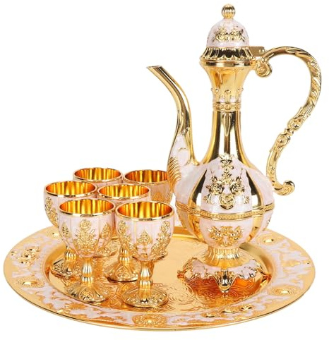 Ensemble de thé turc, café turc de luxe vintage en métal vintage de pot de vin russe avec 6 tasses turques et plateau de thé pour armoires à vin pour comptoir le décor de mariage (Aufee3dzpp-11)