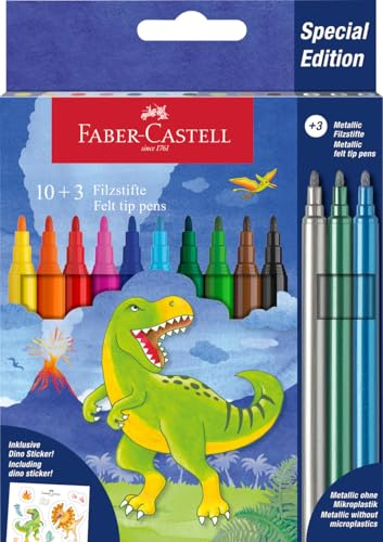 Faber-Castell 554214 - Kartonetui mit 13 Filzstiften - 10 klassische Farben + 3 Metallstifte - Dinosaurier-Edition