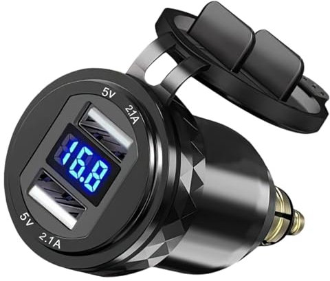 Alluminio QC 3.0 Adattatore Din a USB per Moto BMW, Dual USB Carica Cellulare per Auto Impermeabile con Voltmetro LED Display Digitale, per 12-24 Volt Barca Triumph e Altre Moto in Stile Europeo