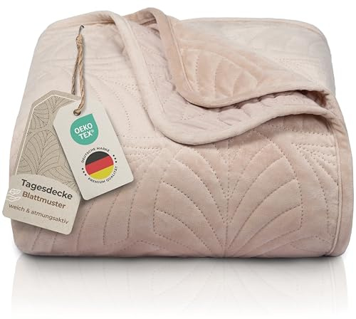 Gräfenstayn Colcha bouti 200x220 cm – cubrecama Acolchado sin Costuras con diseño de Hojas – Manta Decorativa Moderna para Cama o sofá – antirrugas y fácil de cuidar (Beige)