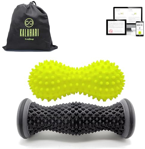 KALAHARI Set Rullo Massaggio Piedi e Pallina Doppia Riccio con eBook, sollievo Fascite Plantare, Recupero Muscolare, Riflessologia, migliora Circolazione e Mobilità - Spiky ball Trigger Point