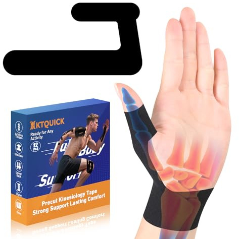 KTQUICK Precut Kinesiology Tape for Thumb Left, 12PCS Waterproof & Hypoallergenic Latex-Free Athletic Tape for Thumb Support, Wrist & Thumb Brace, Elastic Breathable Long-Lasting Thumb Tape (Black)
