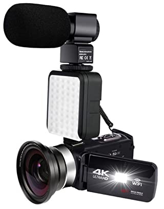 NGBFF Digital Camera, Cámara de Video 4K con micrófono 4 8MP Vlogging for grabación de Video WiFi Nightshot CAM Lapso de Tiempo Fotografía Táctil Camcorder(64GB SD Card,CAM Lens Mic Light)