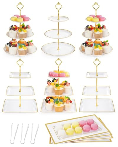 13 Pcs Dessert Display Set, 6 3-Tier Cupcake Stands, 4 Trays & 3 Tongs