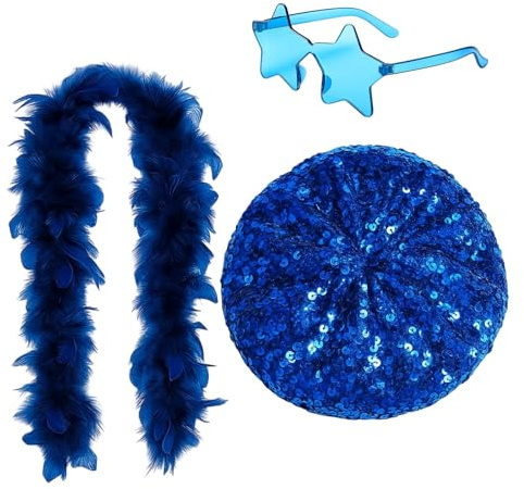 JazRvr Federboa Blau, Baskenmütze Damen, 3er-Set mit Sternenbrille, Federkappe und Glitzerbarett für Hochzeit, Mardi Gras, Karneval, Party