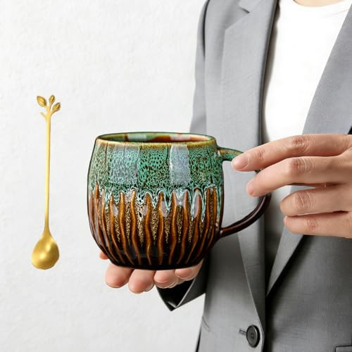 Handgefertigte Keramiktasse, Grosse Tassen Mit Henkel 500ml & Löffel, Rutschfest Vielseitig Teetassen, FüR Mikrowellen & SpüLmaschinenfest, Milch, Kaffee, BüRo, KüChe (GrüN)