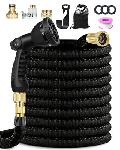 Garden Hose Pipe, 30M/100FT Expandable Garden Hose, 10 Spray Mode Hosepipe for Garden, 4 Layer Latex, 3/4&1/2 Metal Connectors, Hands-Free Spray Gun, Flexible & No-Leak Water Hose for Washing, Black