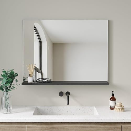 AQUALAVOS Wandspiegel mit Ablage 80x60 cm, Badspiegel in Schwarz mit Aluminiumrahmen im Industriedesign, Hängespiegel für Badezimmer, Wohnzimmer & Flur, inkl. Befestigungsmaterial