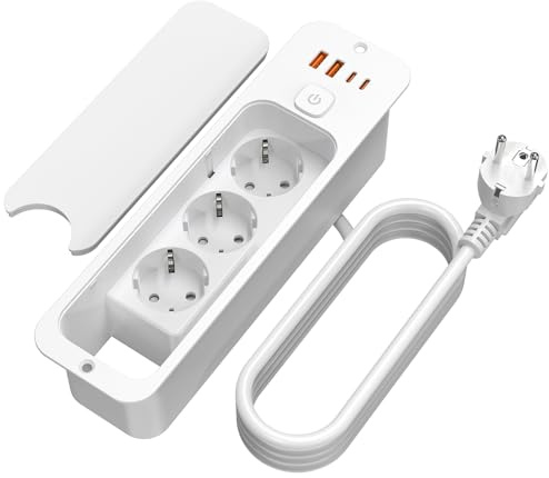 HITRENDS Regleta de enchufes abatible con cubierta, enchufe de 3 compartimentos con 2 USB, enchufe de mesa con 2 USB C, regleta de enchufes con cable de 1.8M para encimera de muebles, Blanco