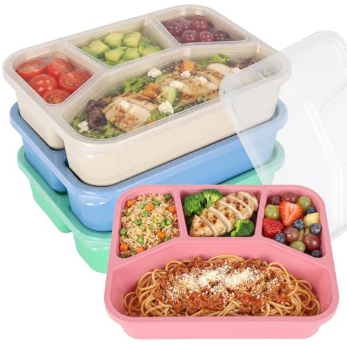 Kryndle 4 Pack Snack Box, 4 Compartments Stackable Bento Lunch Box | Reusable Food Storage Container Suitable for Kids & Adults, Ideal for School, Office, Travel and Picnic