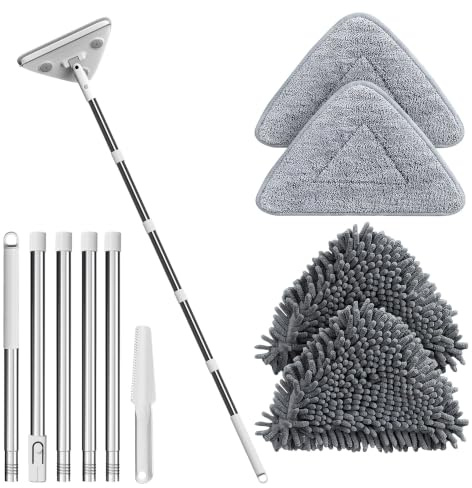 Wall Cleaner Mop with Long Handle, 180° Swivel Triangle Head and Squeegee, Skirting Board Cleaner for Painted Walls, Ceilings, Windows and Glass
