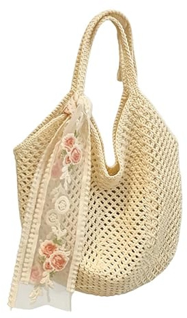 Dgayaeic Borsa da spiaggia estiva con nastro in pizzo donna, stile all'uncinetto, 40x33x2 cm, bôrsa da spiaggia all'uncinetto, borsa in tessuto, spaziosa, per lo shopping, le vacanze, la di t